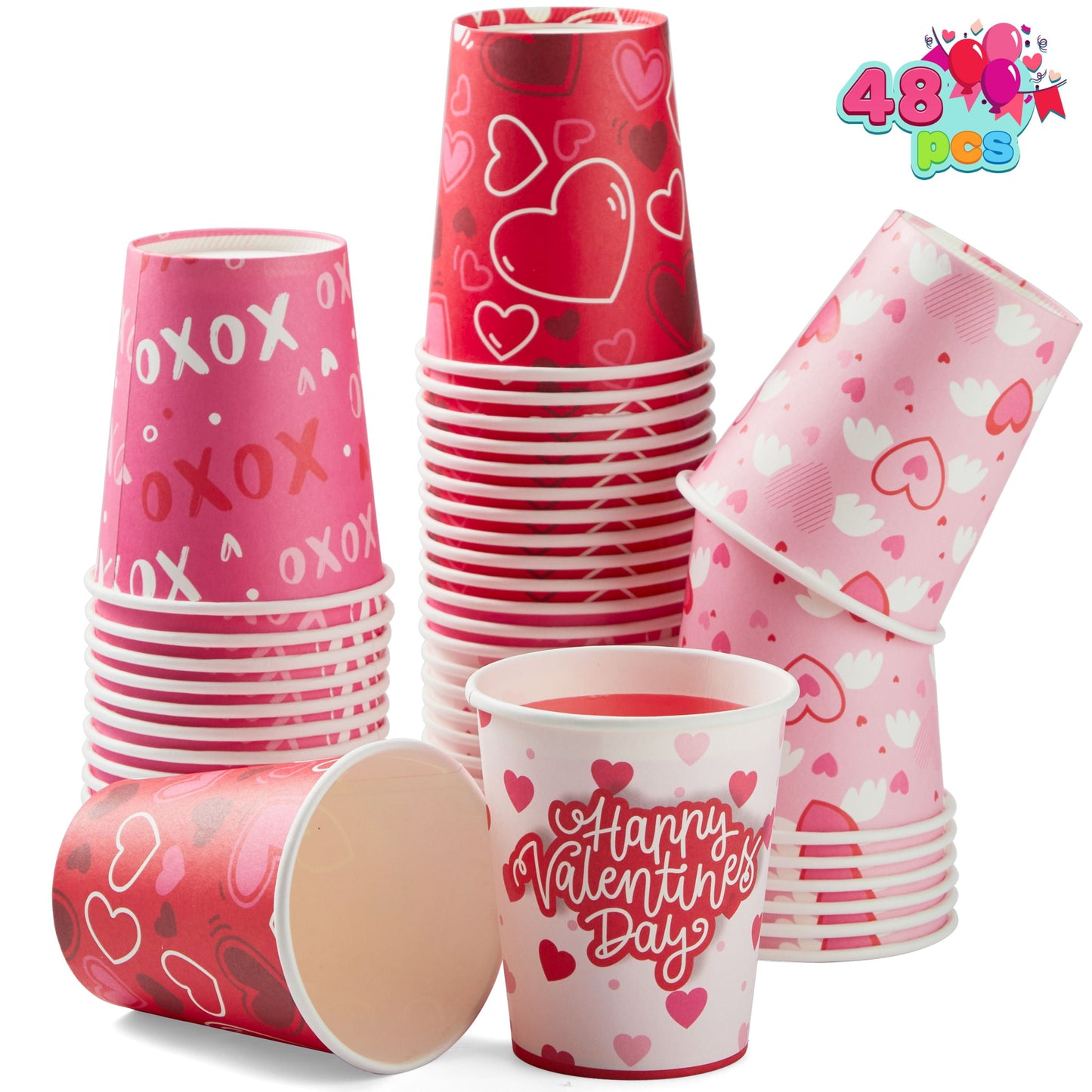 48 PCS Valentine's Day Disposable Cups Party Supplies 9 oz Paper Cocoa Cups，Valentine Party Drinkware Supplies for Coffee Tea Beverage with Pink Red Heart Love Design
