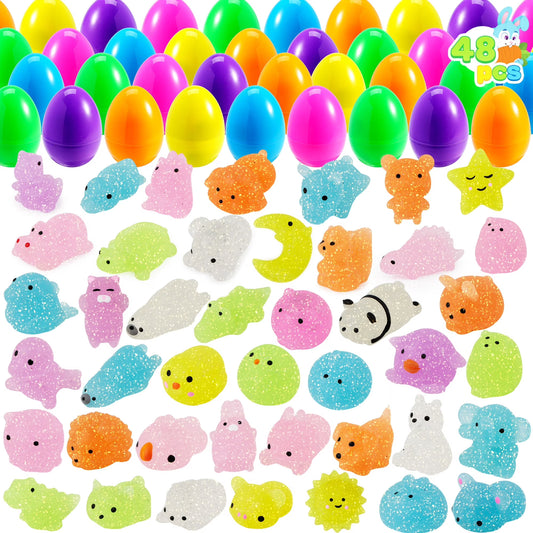 Joyfy 48 Packs Prefilled Easter Eggs with Mochi Toys,Glitter Mochi Squishies Stress Relief Toys Stuffed Plastic Easter Eggs for Easter Basket Kids