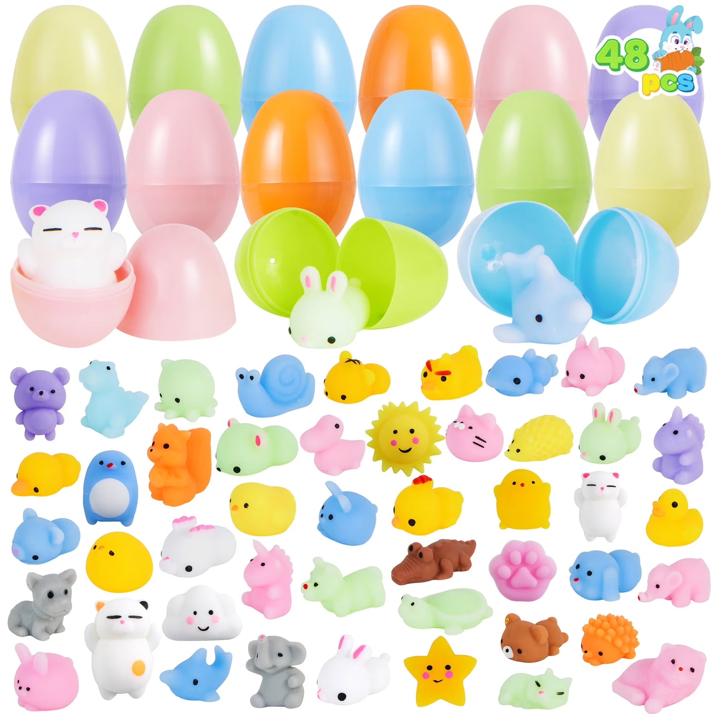 Joyfy 48 Packs Prefilled Easter Eggs with Mochi Toys,Mochi Squishies Stress Relief Toys Stuffed Plastic Easter Eggs for Easter Basket Kids