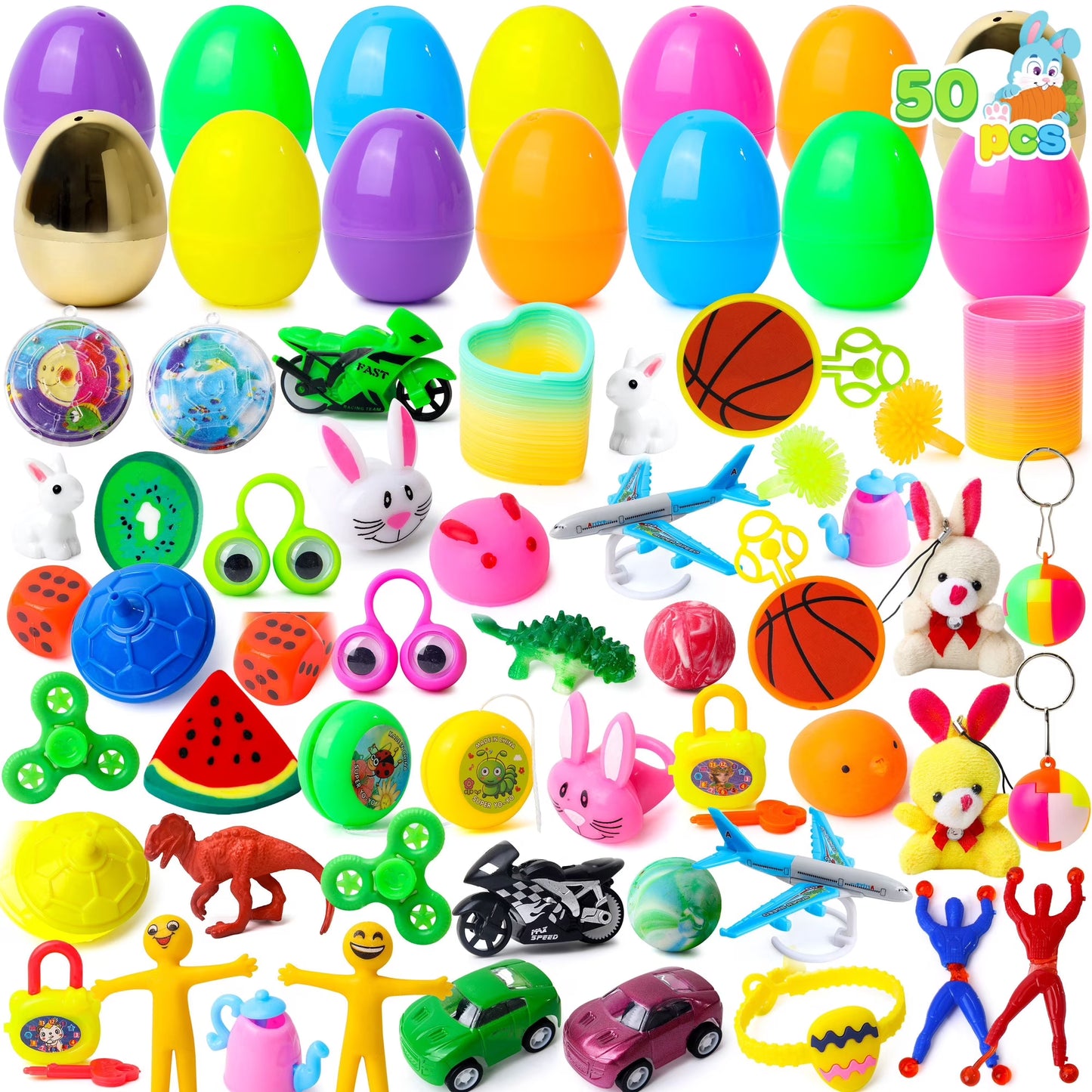 Joyfy 50 Packs Prefilled Easter Eggs with Toys,Filled 48 Bright Colorful and 2 Gold with Toys for Easter Eggs Hunt Filler,Basket Stuffer, Party Favors