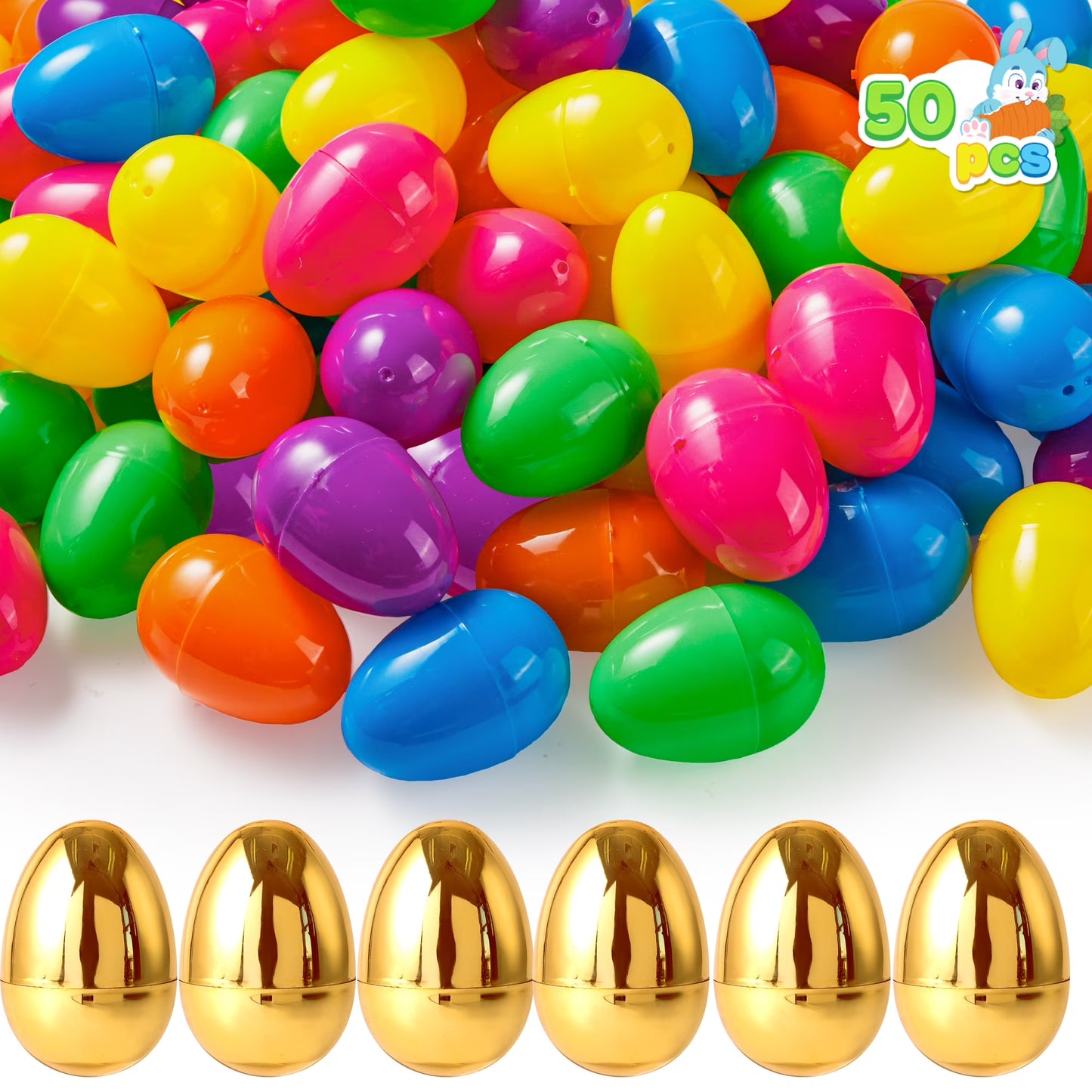 Joyfy 50 Pcs Easter Eggs, 2.3" 44 Pcs Colorful with 6 Pcs Golden Eggs, Bulk Plastic Empty Fillable for Easter Hunt Party Favor, Basket Stuffers, Classroom Prizes Decor