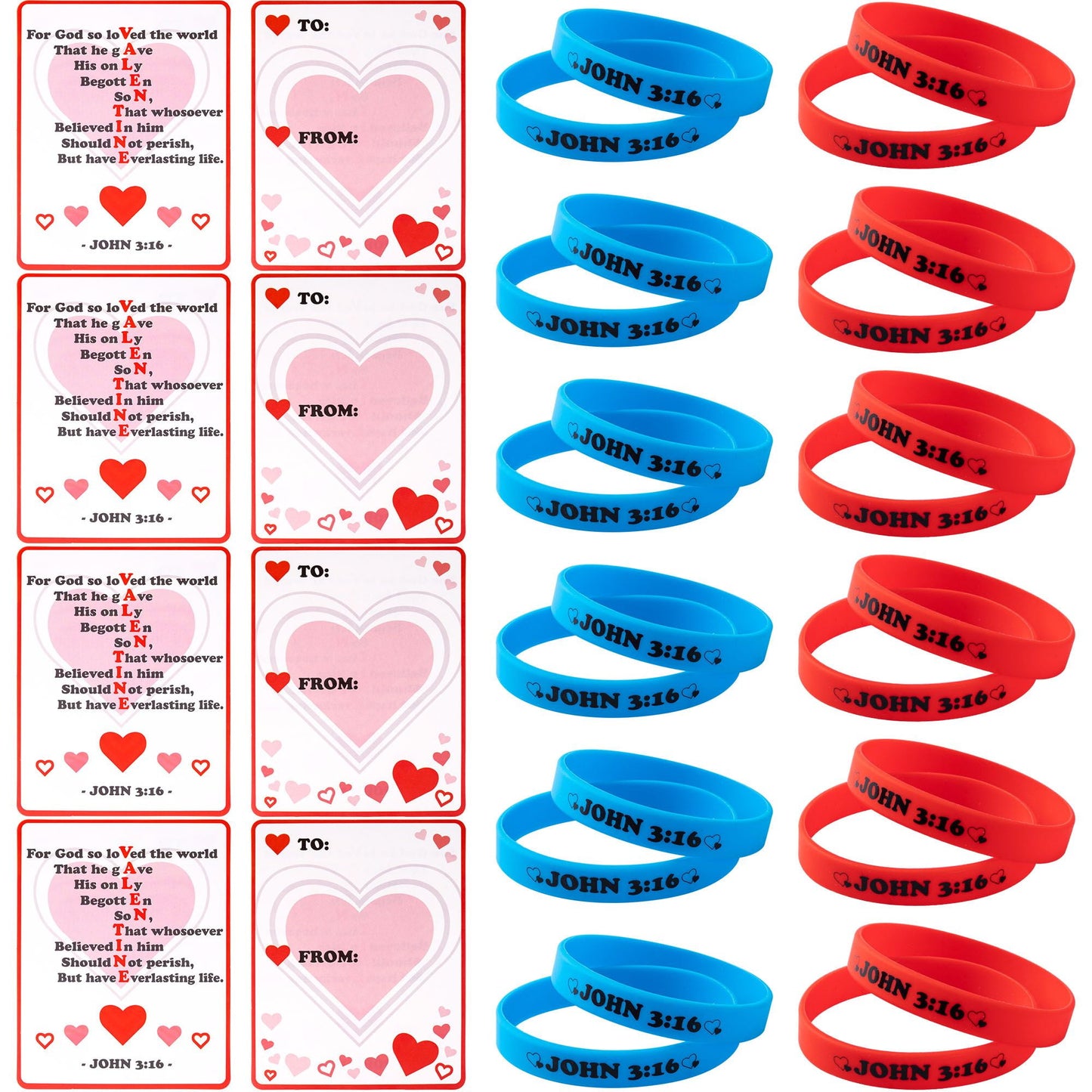 56 Pcs Valentine’s Day Silicone Bracelet with Cards, John 3:16 Rubber Bracelet Valentine Gift, Valentines Day Party Favor Supplies, Valentine Classsroom Exchange Prizes, Holiday Reward Gifts