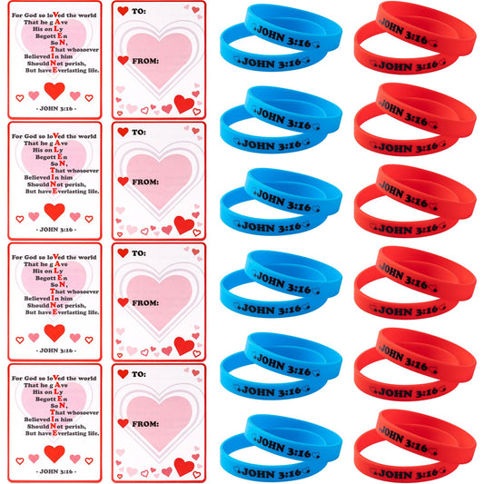 56 Pcs Valentine’s Day Silicone Bracelet with Cards, John 3:16 Rubber Bracelet Valentine Gift, Valentines Day Party Favor Supplies, Valentine Classsroom Exchange Prizes, Holiday Reward Gifts