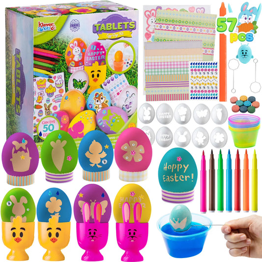 Joyfy 57 Pcs Easter Egg Dye Kit,DIY Easter Egg Decorating Craft Kit with Stencils,Colored Pens and Assorted Stickers for Kids,Easter Egg Coloring,Home School Class Egg Crafts
