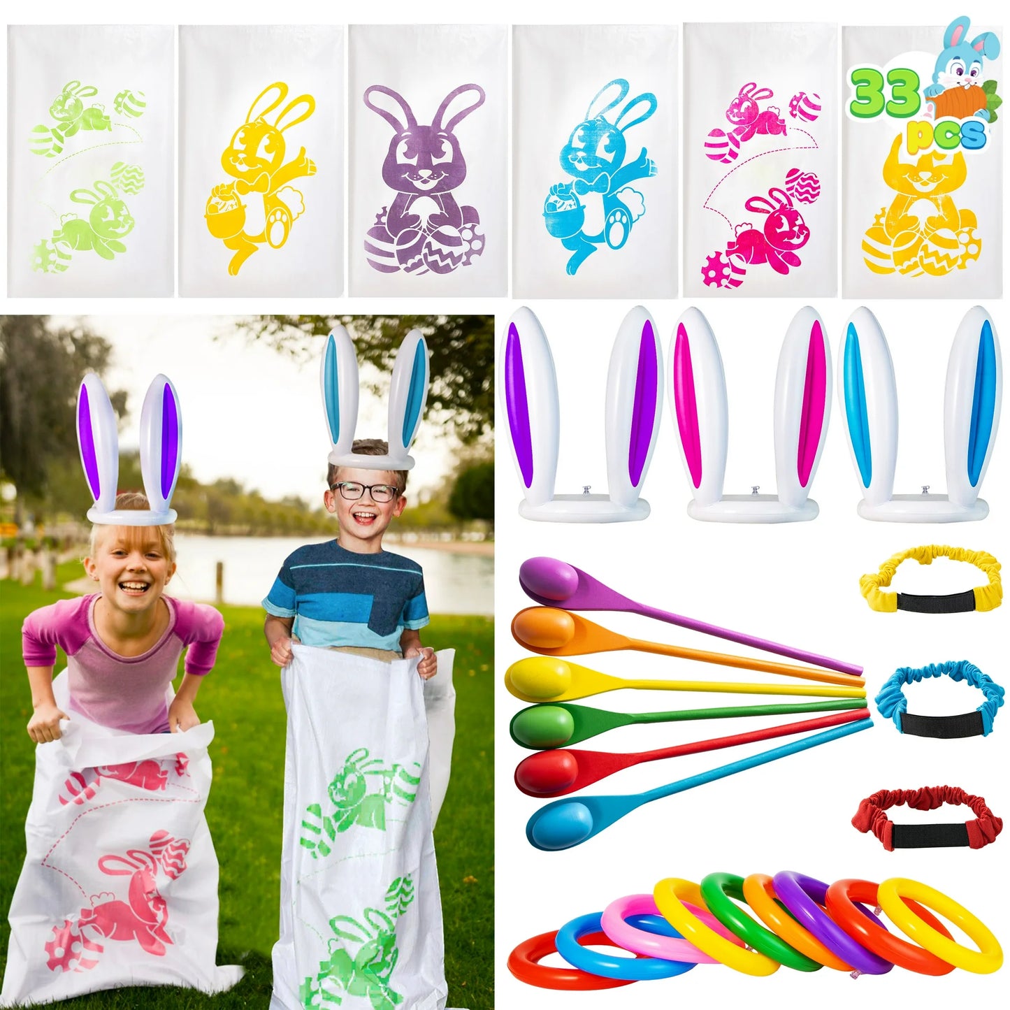 Joyfy 33Pcs Easter Potato Sack Race Bags,6 Easter Player Sack Race for Kids Outdoor,Jumping Bags,Spoon and Egg Race,Legged Relay Race Bands Elastic Tie Rope for Easter Game Activities