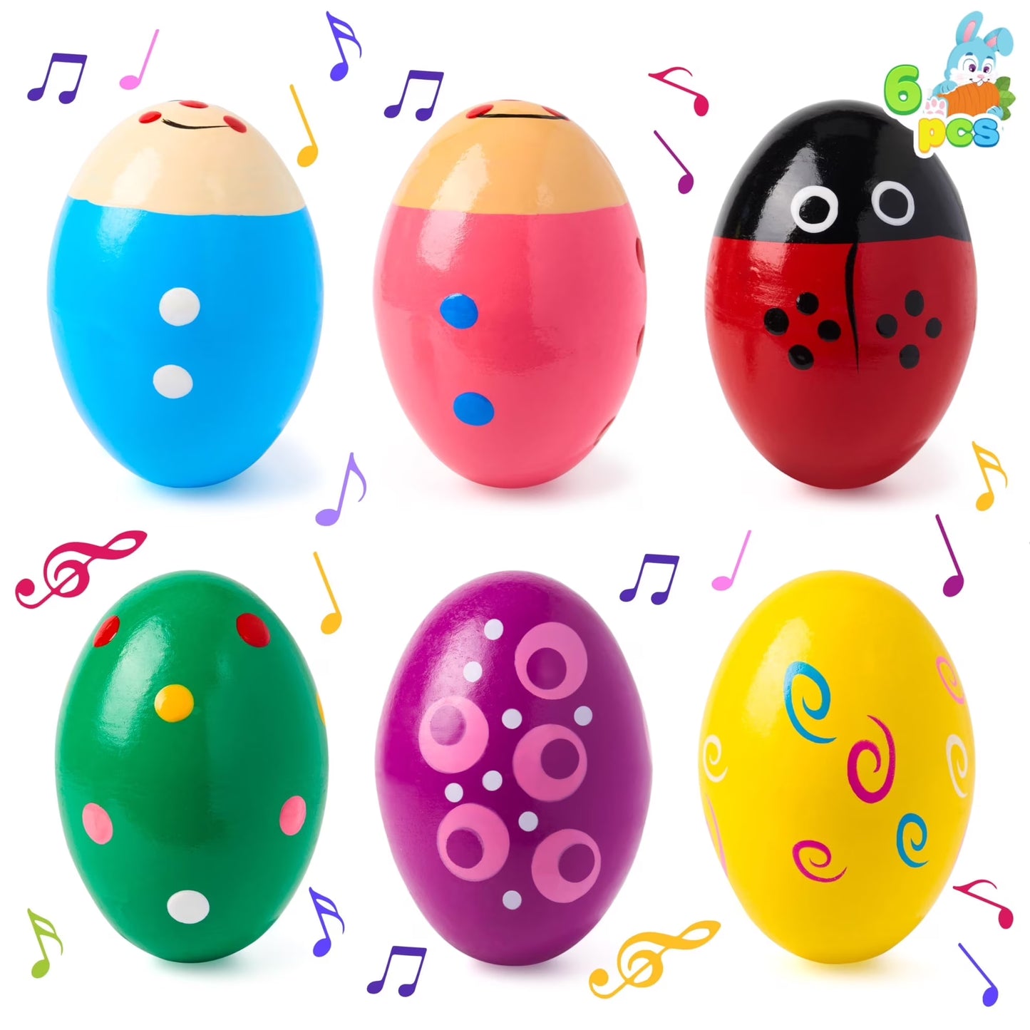 Joyfy 6 Pack Easter Wooden Egg Shakers Maracas Percussion Musical for Easter Basket Stuffer Fillers, Party Favor, Classroom Prize Supplies, Easter Hunting Game, Gift for Kids