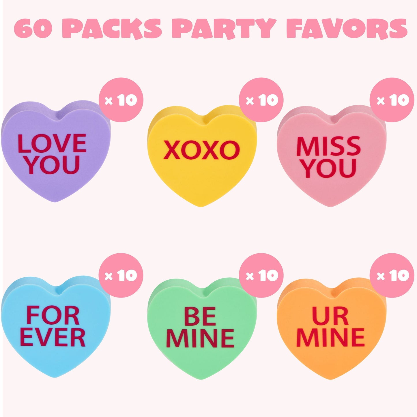 60 Packs Valentine Heart Erasers for Kids, Candy Colors Novelty Pencil Eraser, Valentine Day Gifts Set, Valentine's Classroom Exchange Eraser, Kids Classroom School Prize