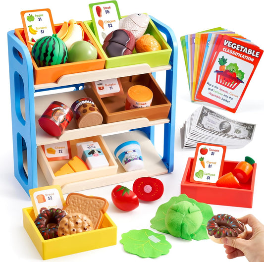 Lalalark 63 Pcs Play Food for Kids, Montessori Color Sorting Food Toy with Display Rack Grocery Store Pretend Play Kitchen Playset for Toddlers 3+