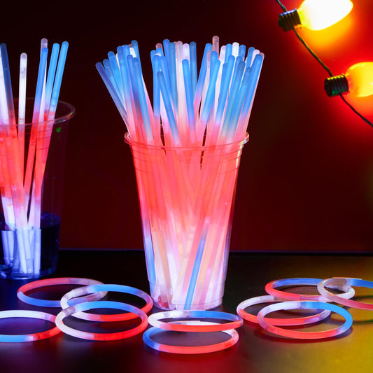 72 July 4th glow sticks, loose, with connectors, red, white, and blue glow sticks, children's and adult glow bracelets and necklaces
