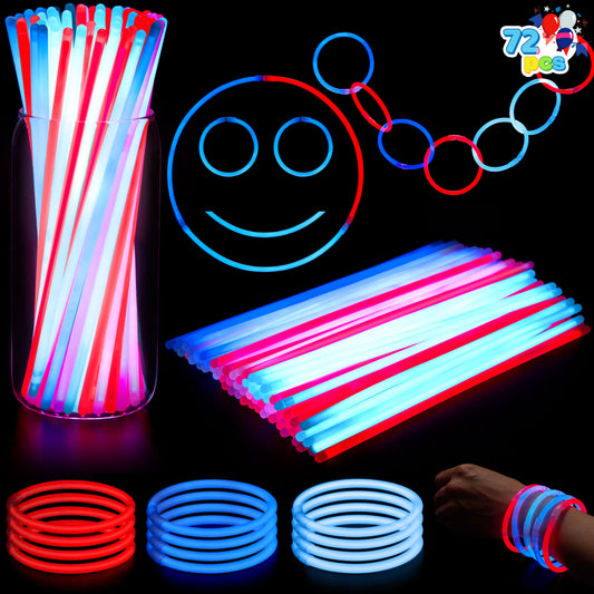 72 July 4th glow sticks with connectors, children's and adult red, white, and blue glow in the dark bracelets