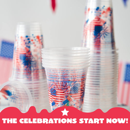 72 patriotic plastic cups, 16 ounce July 4th cup, transparent disposable cups with red and blue star patterns, used for patriotic party supplies