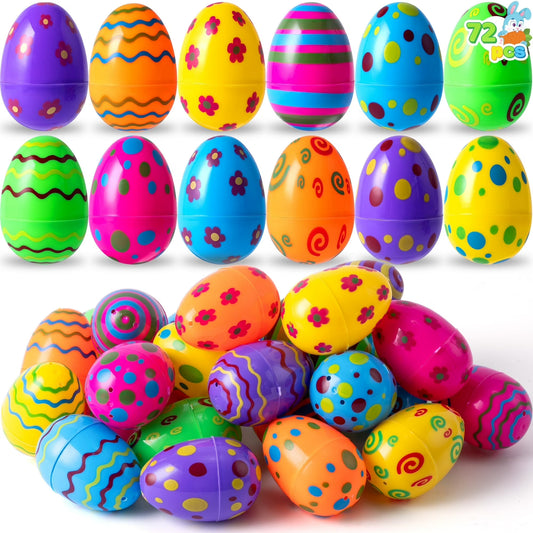Joyfy Printed Easter Eggs 72PCS 3.15", Fillable Colorful Plastic Empty Eggs in Bulk for Easter Hunts,Classroom Prize Supplies Party Favors
