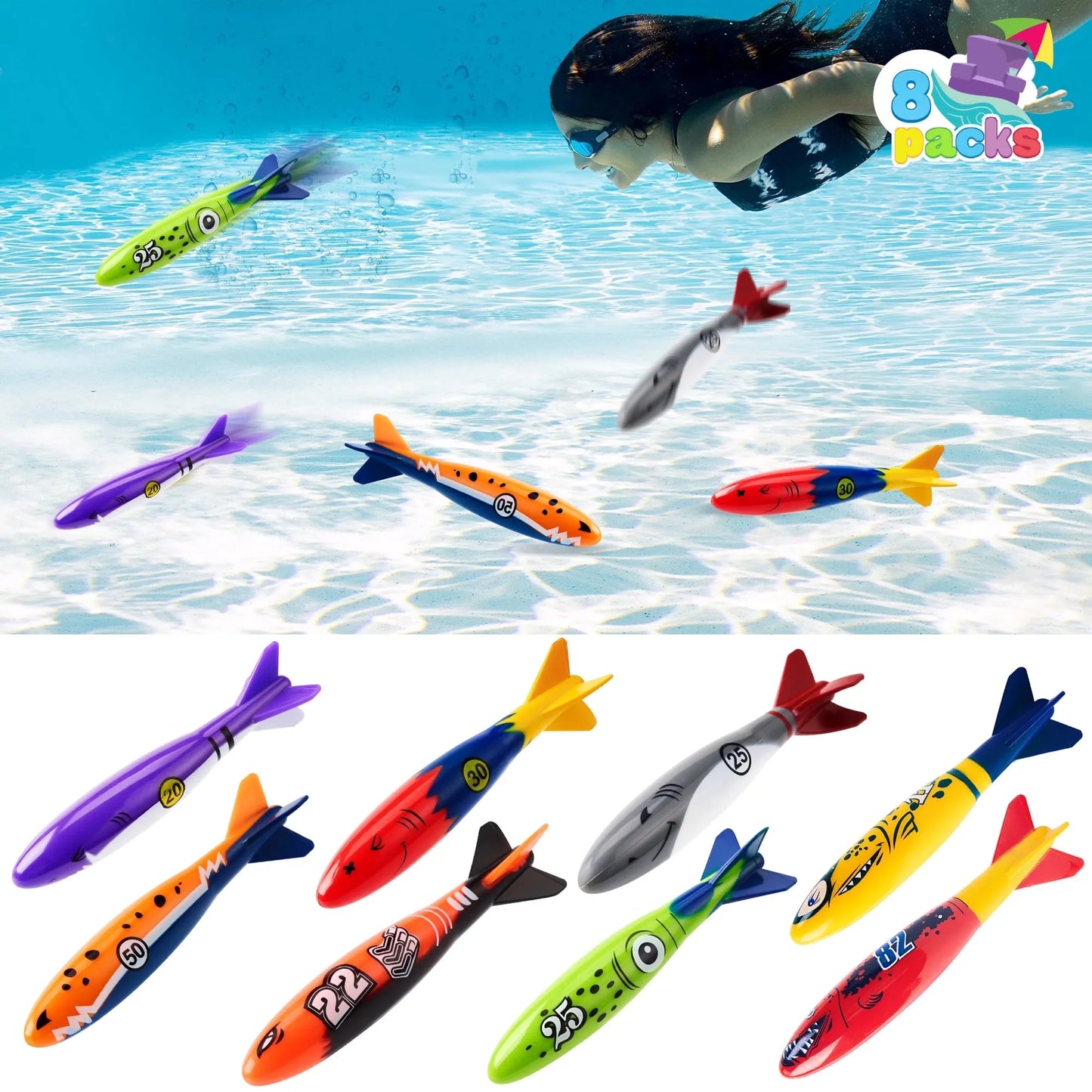 Syncfun 8 Packs Pool Toys, Shark Underwater Diving Toys, Colorful Swimming Toys Sinking Throwing for Kids Gifts Summer Swim Dive Training Water Fun Pool Games(Sharks)