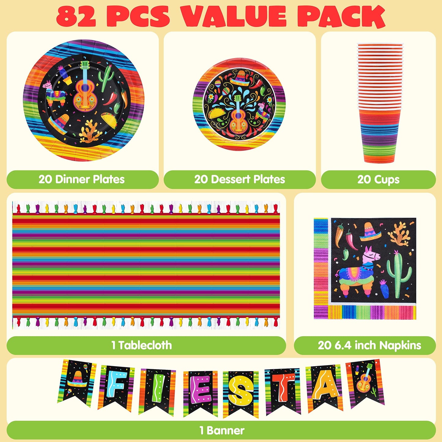 82 piece Carnival cutlery set, Cinco De Mayo dining table decoration Mexican party supplies package