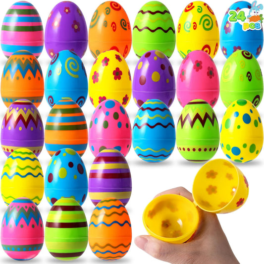 JOYFY 24 PCS 3.15" Printed Easter Eggs Refillable,Colorful Plastic Eggs in Bulk for Easter Hunts,Classroom Prize Supplies Party Favors