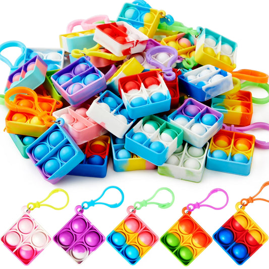 JOYFY 90 Pack Square Pop Fidget Keychain Mini Fidget Toys Bulk Party Favors for Kids, Goodie Bag Stuffers Pop Fidget Toys for Classroom Prizes Sensory Toy Packs