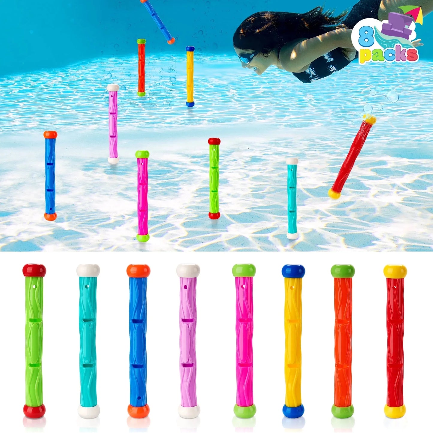 Syncfun Diving Sticks Pool Toys, 8 Pcs Underwater Training Pool Dive Stick for Kids, Colorful Swimming Toy Sinking Throwing Sticks for Kids Gifts Summer Swim Training Water Fun Pool Games(Sticks)