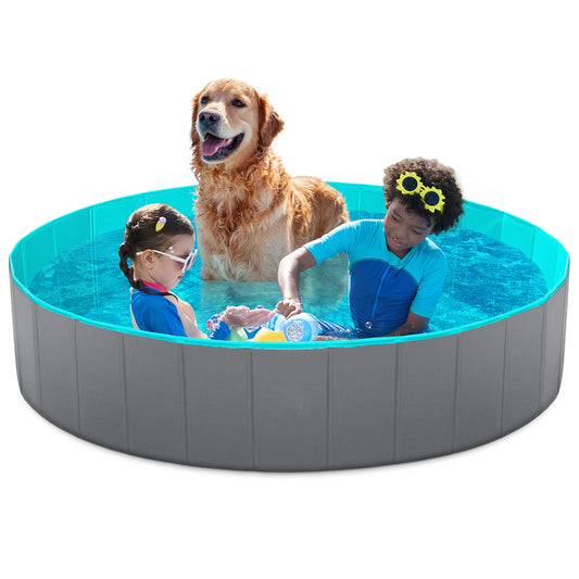 JOYFY 63 x 12 Inches Plastic Kiddie Pool, Pet Swimming Pool Foldable Portable for Dogs Cats and Kids Gray