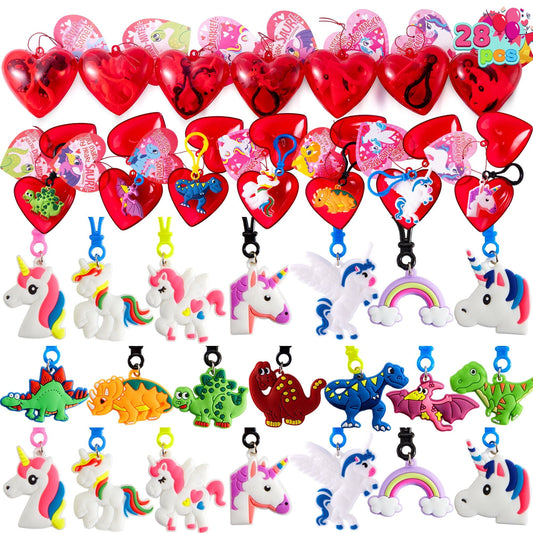 Pack of 28, Valentine's Day Unicorns and Dinosaurs with Heart Shells, Kids Party Favors