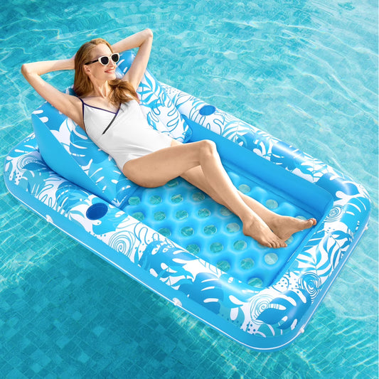 Inflatable Pool Floats for Adults, 72" x38'' Daybed Pool Lounger Adults with Cup Holders, Adjustable Backrest Tanning Lounger Chair, Ultra-Comfort Pool Floaties Raft Lake Beach Float(Blue)