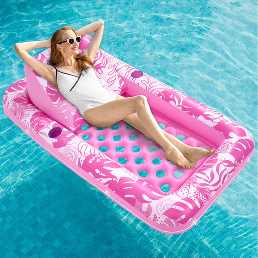 Inflatable Pool Floats for Adults, 72" x38'' Daybed Pool Lounger Adults with Cup Holders, Adjustable Backrest Tanning Lounger Chair, Ultra-Comfort Pool Floaties Raft Lake Beach Float(Pink)