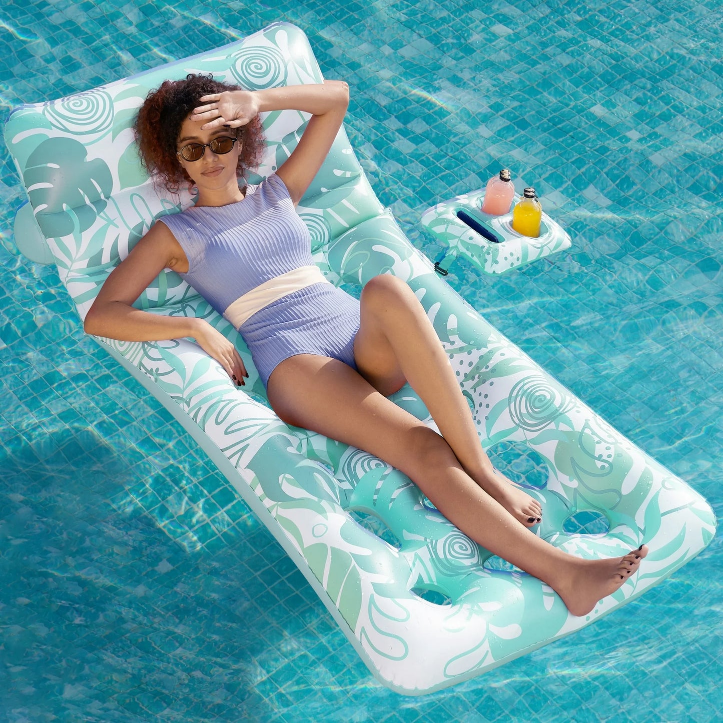 JOYFY Tropical Leaves Pool Lounger with Adjustable Backrest (Cyan)