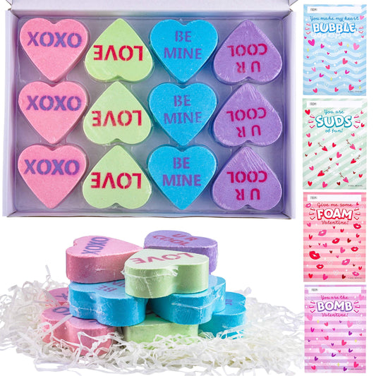 12 Packs Valentine’s Day Heart Shape Bath Bomb with Cards for Kids Valentine Party Favors, Valentine Gifts, Valentine’s Greeting Cards, Heart Soap Valentines Day Gift for Her