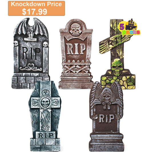 JOYIN 17" Halloween Foam RIP Graveyard Tombstones (5 Pack), Yard Sign Headstone Decorations and 12 Bonus Metal Stakes for Halloween Yard Outdoor Indoor Decorations