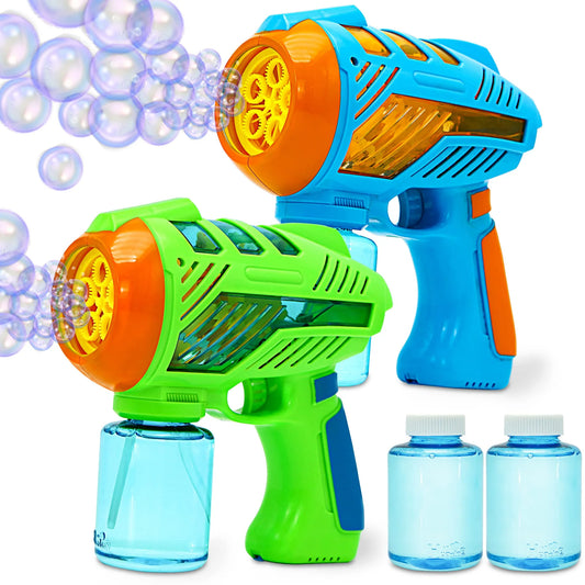 JOYIN 2 Bubble Guns with LED Lights and Music，Bubble Maker and Blower, Indoor and Outdoor Play, Kids Party Favor, Game Toys, Summer Themed Party and Birthday (Blue+Green)