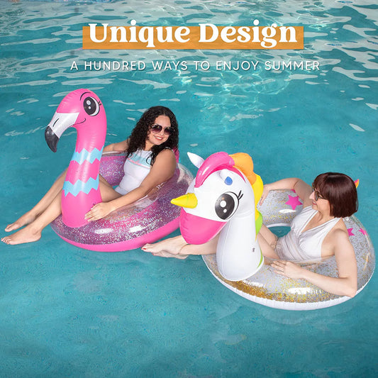 JOYIN 2 Set unicorn & Flamingo Pool Float with Glitters 35.5”, Pool Tubes for Floating, Fun Beach Floaties, Pool Toys, Summer Pool Beach Outdoor Party Supplies Party Toys for Kids