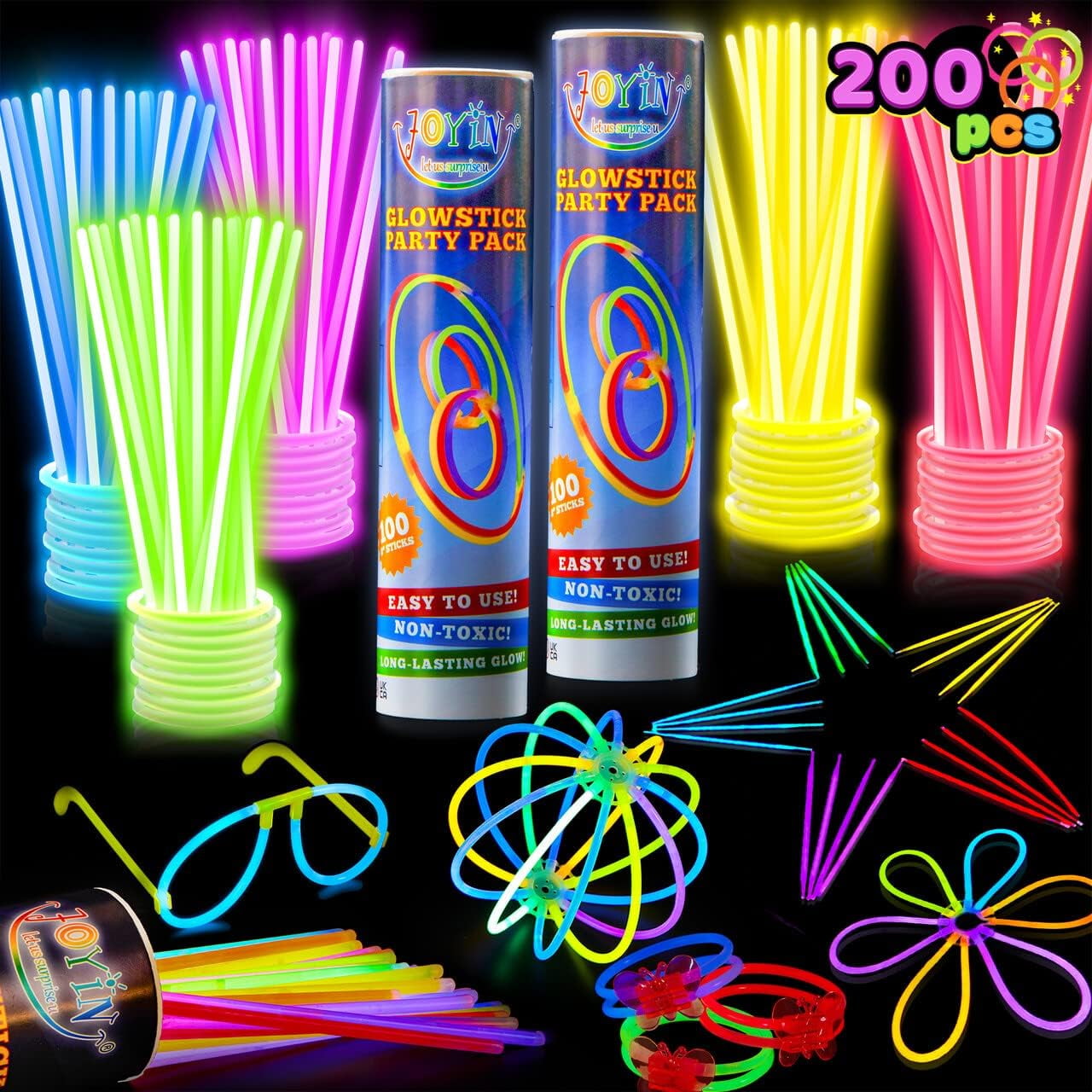 JOYIN 200 Pcs Glow Sticks, 8" Glow in the Dark Sticks Glow with Necklaces and Bracelets Connectors, Light-up Glowsticks Party Favors