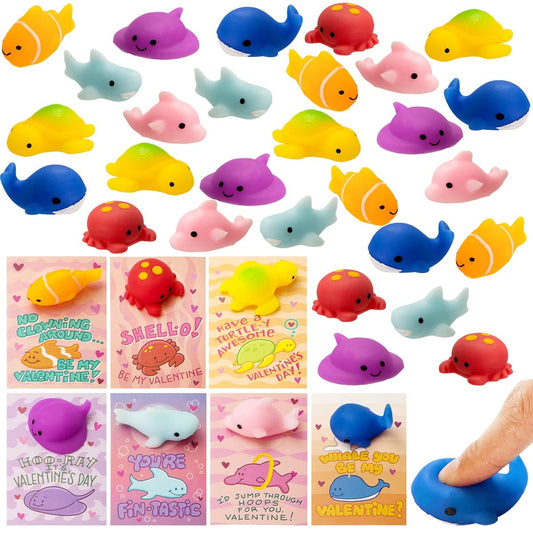 28 Pack Valentines Day Gift Cards with Kawaii Mochi Squishy Toys, Sea Animals Mochi Squeeze Toys, Stress Relief Fidget Toys for Kids Valentine Classroom Favors