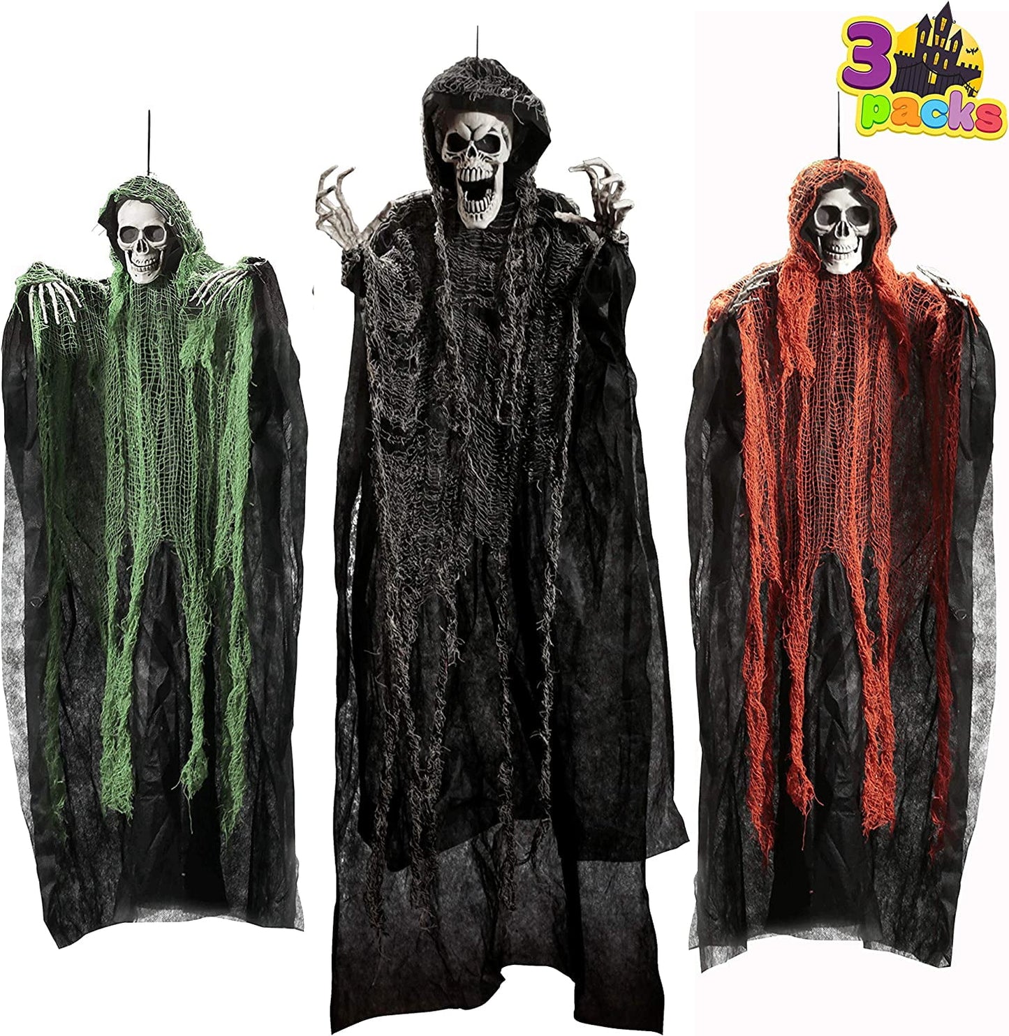 JOYIN 3 Pack Halloween Hanging Grim Reapers,One 47” and Two 35” Halloween Grim Reapers,Halloween Skeleton Flying Ghost for Haunted House Prop Decor,Halloween Outdoor Indoor Decor