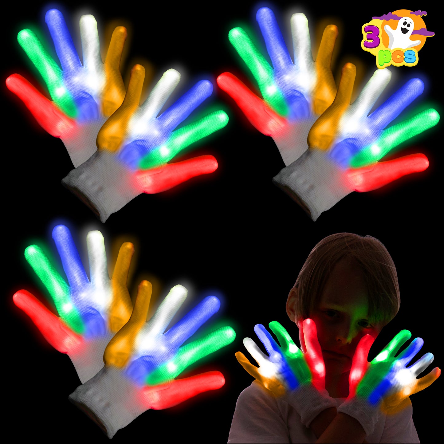 JOYIN 3 Pack LED Gloves for Kids,Flashing Finger Light Up Gloves Cool Glow Gloves with 3 Lighting Modes,Glow in the Dark Gloves for Kids Halloween Party Favors,Halloween Costume Accessories