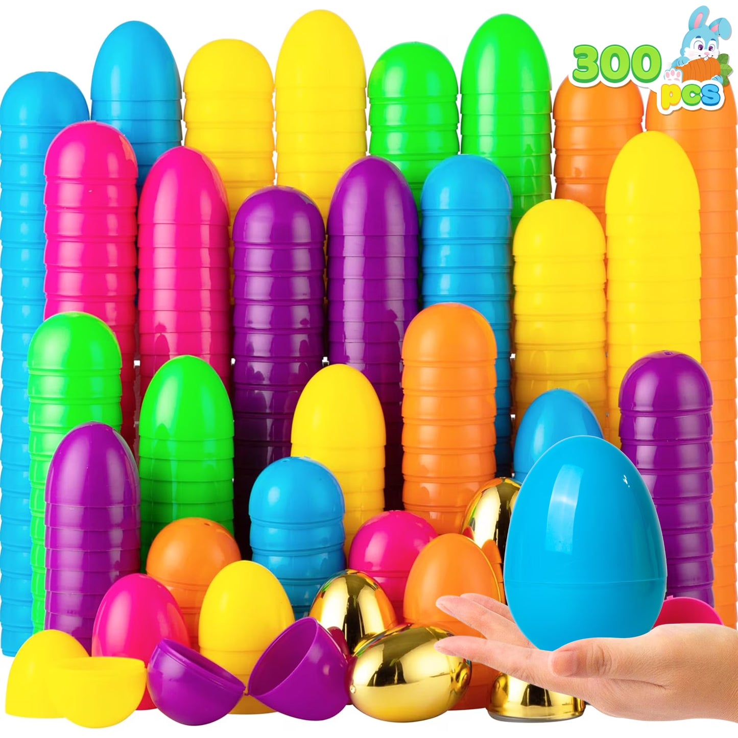 Joyfy 300 Pcs Easter Eggs, 2.3" Plastic Easter Eggs with 6PCS Golden Eggs Bulk, Empty Fillable for Easter Hunt Party Favor Basket Stuffers Filler Classroom Prize Supplies Decor