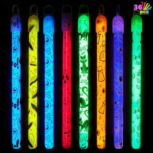 JOYIN 36 Pcs Halloween Assorted Glow Stick Hanging Wands in 8 Different Pattern Designs and 6 Colors for Halloween Party Favors,Halloween Party Supplies, Glow in the Dark,Halloween Goodie Bag Filler