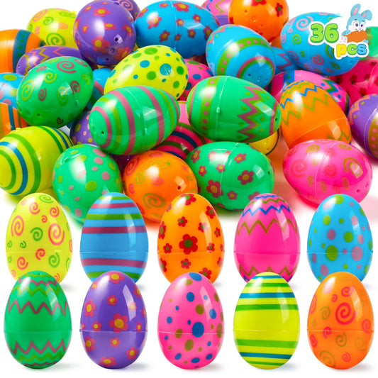 Joyfy 36PCS Printed Easter Eggs, 2.3" Plastic Eggs Bulk for Easter Egg Hunt, Fillable Bright Colorful Empty Eggs for Party Favor, Basket Stuffers, Classroom Prize Supplies
