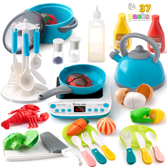 JOYIN 37Pcs Kids Kitchen Playset, Pretend Play Cooking Toy Set Including Pots and Pans, Play Food, Cutting Vegetables, Gifts for Toddler Boys Girls Ages 1-8
