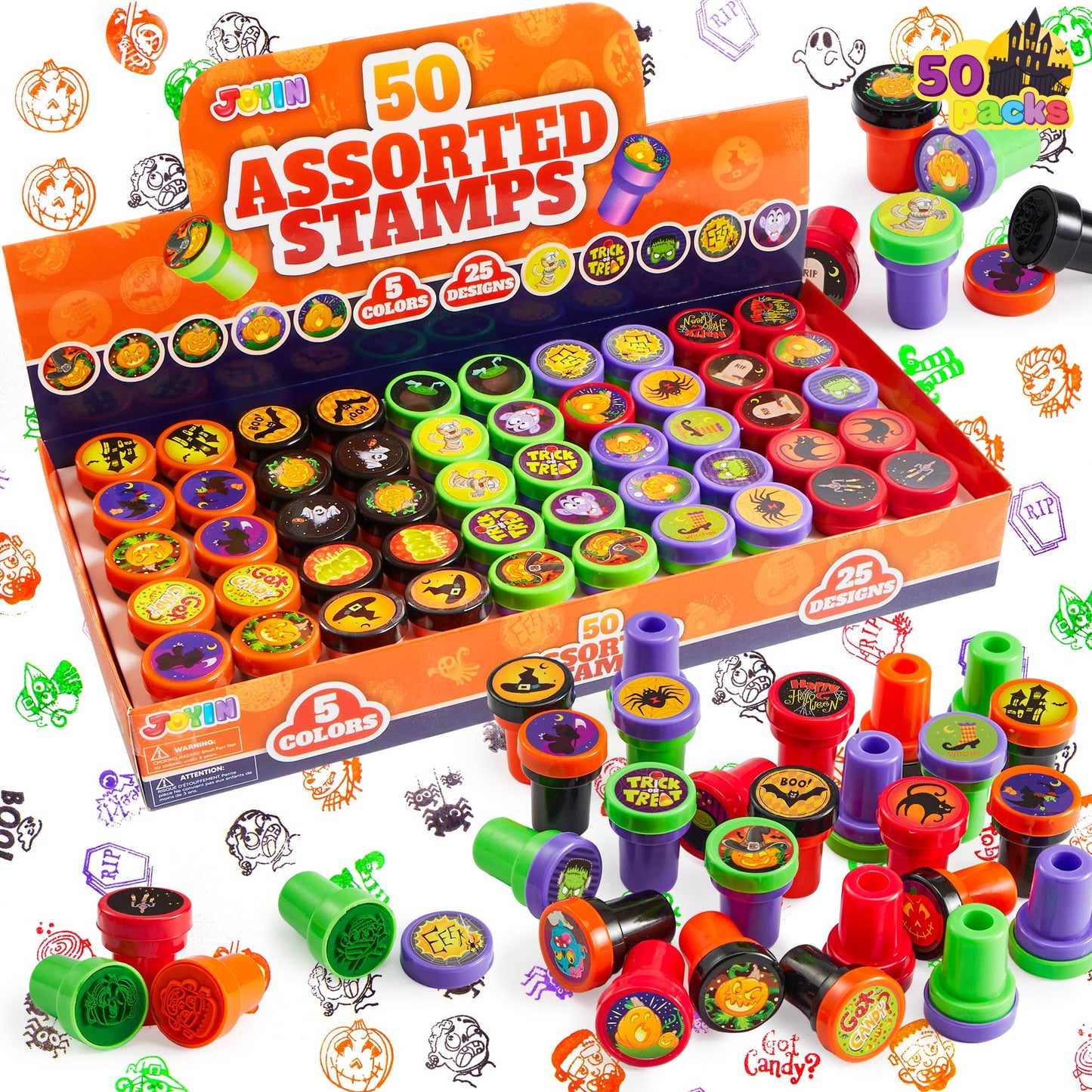JOYIN 50 Pieces Halloween Assorted Stamps Kids Self Ink Stamps,25 Designs Plastic Stamps,Trick Or Treat Stamps,Spooky Stamps for Halloween Party Gifts,Game Prizes,Halloween Goodies Bags