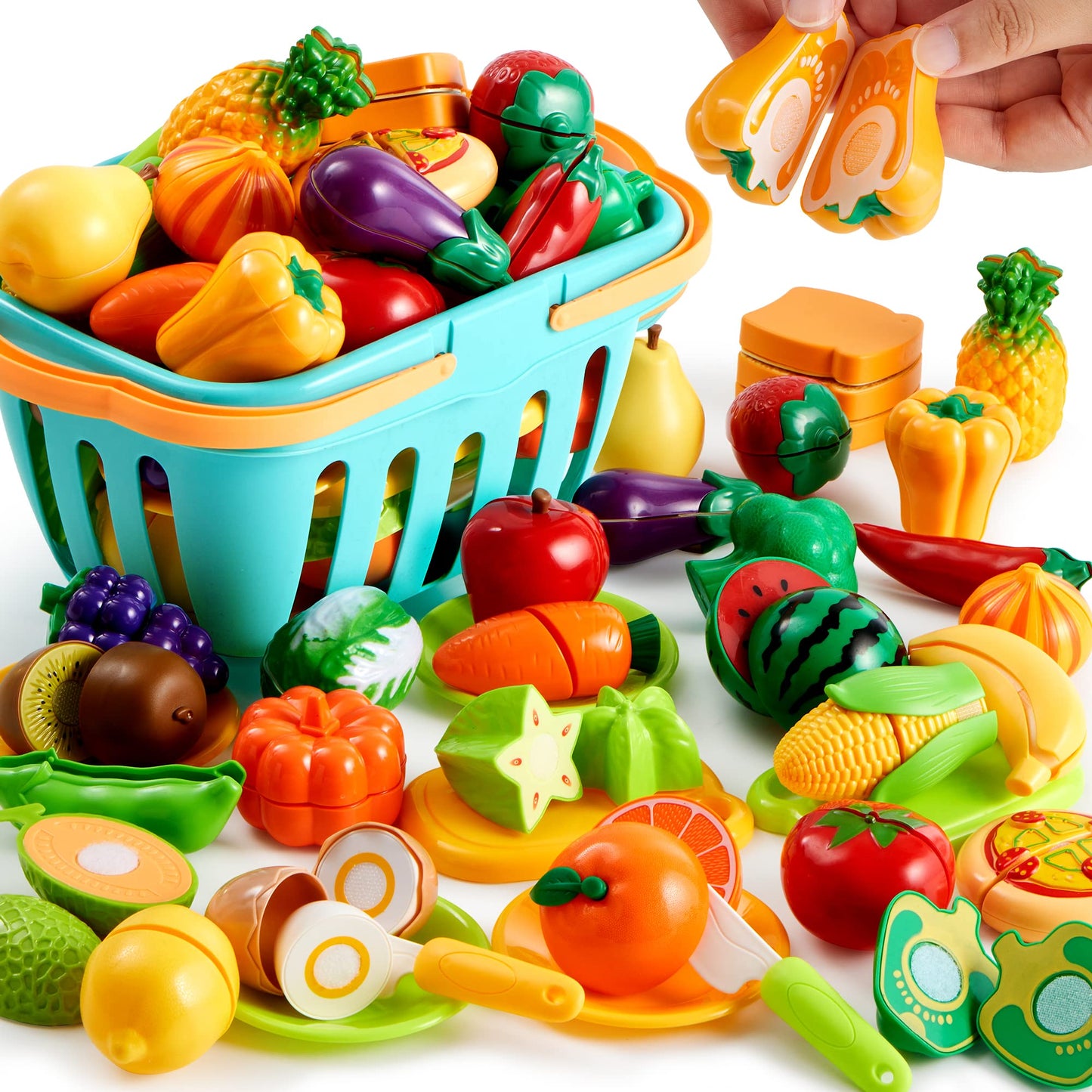 JOYIN 68 PCS Cutting Play Food Toy for Toddlers Kitchen, Fake Food for Kids Play Kitchen, Includes Plastic Fruit &Vegetables, Storage Basket, Mini Dishes and Knife, Pretend Play Toys, Toddler Gifts