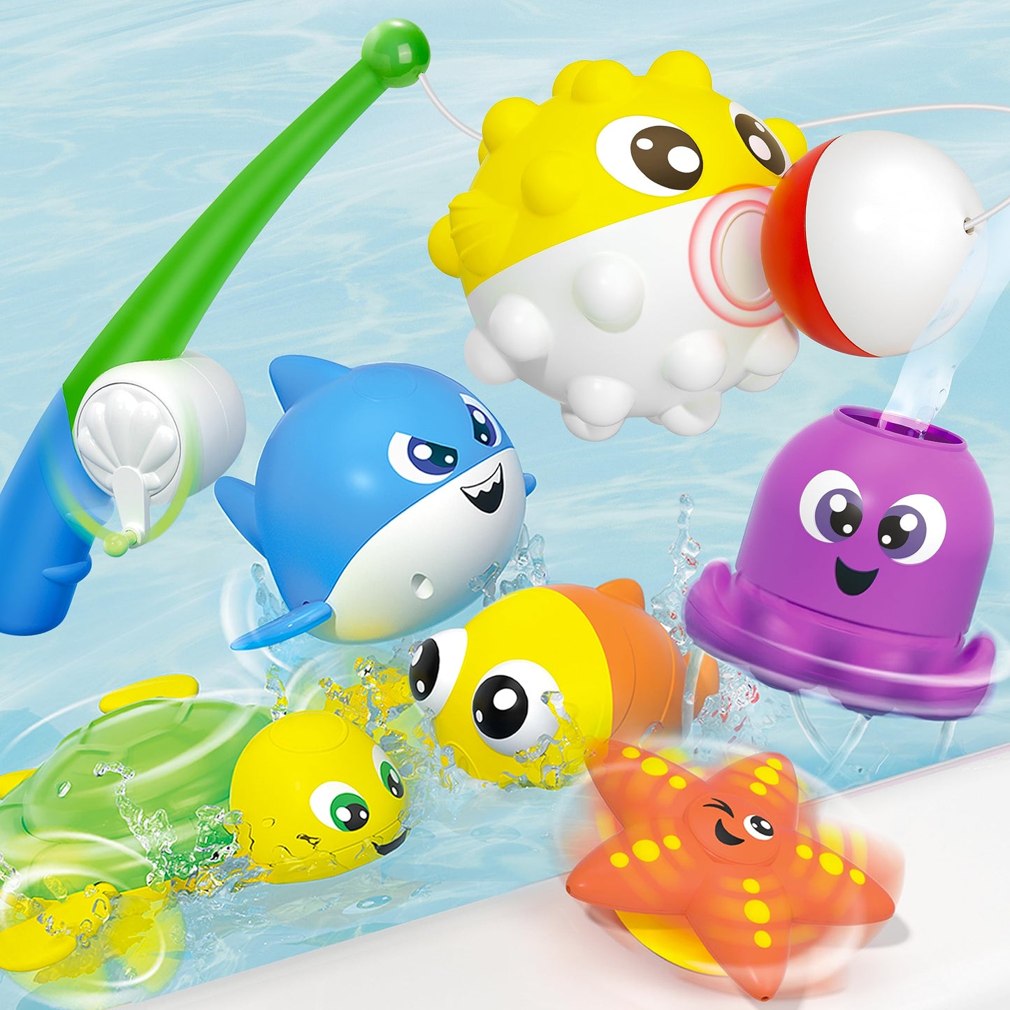 JOYIN Baby Bath Toy Set - Magnetic Fishing Toy with Fishing Rod, Wind-up Shark and Turtle, Mold-Free Soft Puffer & Clown Fish, Spinning Octopus and Starfish - Sensory Development for Infants & Toddler