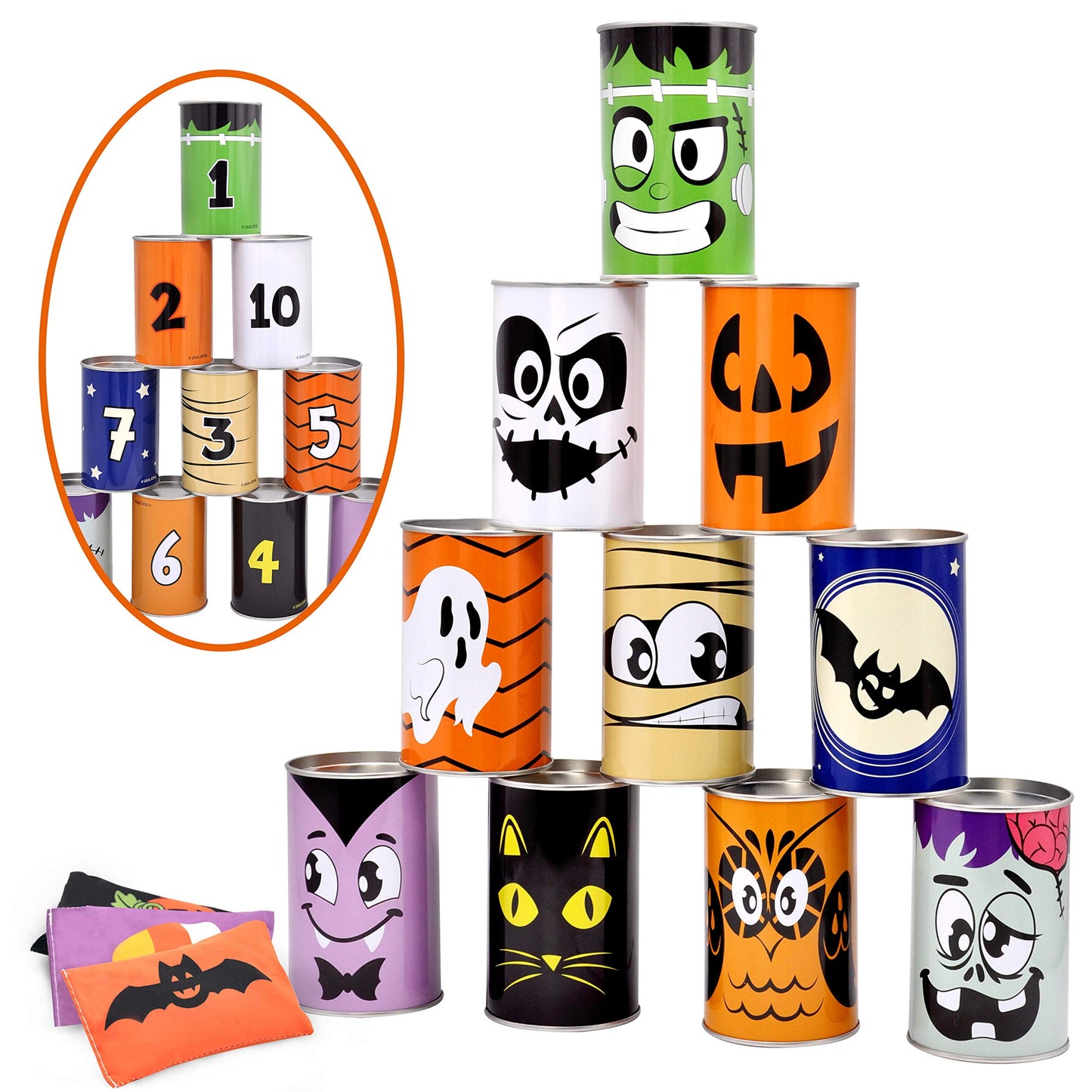 JOYIN Halloween Carnival Bean Bag Toss Game Set with 10 Tin Cans and 3 Bean Bag for Holiday, Birthday Party