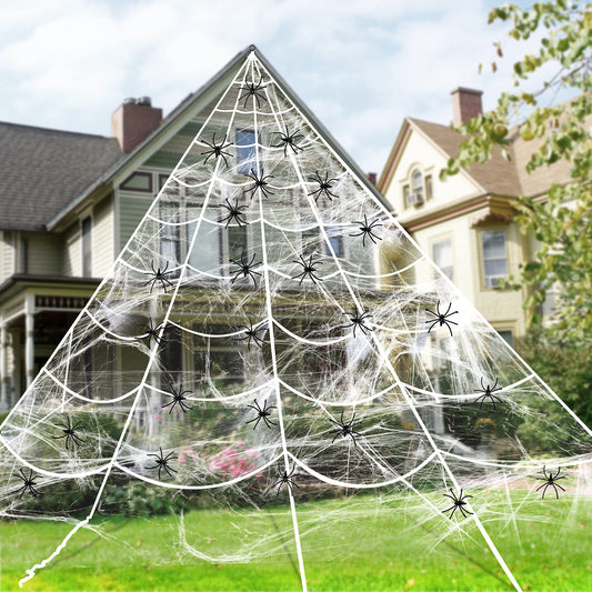 JOYIN Halloween Huge Triangular White Spider Web with 24 Spiders and 120g Super Stretch Cobweb Outdoor Decorations for Outdoor Halloween Decor Yard