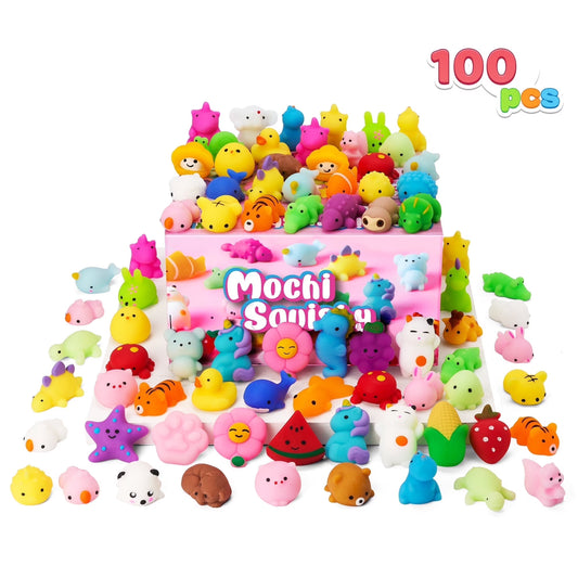 Joyfy 100 Pcs Mini Animals & Fruit Mochi Squishies Party Favor Toys for Stress Relief, Novelty Fidget Toys for Pinata Fillers, Classroom Prizes for Students, Birthday Gifts