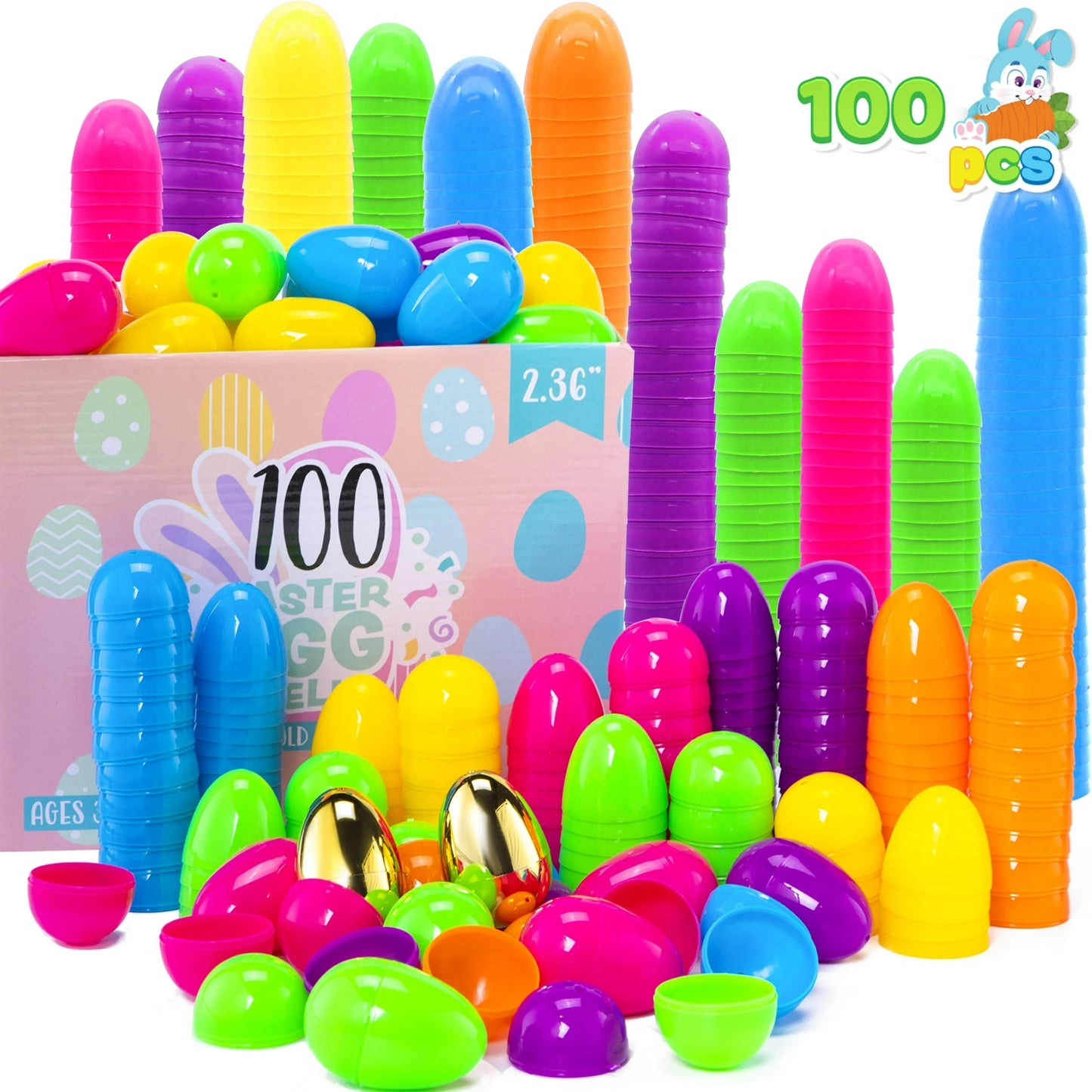 Joyfy 100 Pcs 2.3" Easter Eggs with 6 Pcs Golden Eggs, Fillable Empty Plastic Easter Eggs Bulk , for Easter Hunt, Filling Treats, Party Favor, Basket Stuffers, Classroom Prize Supplies, Decoration