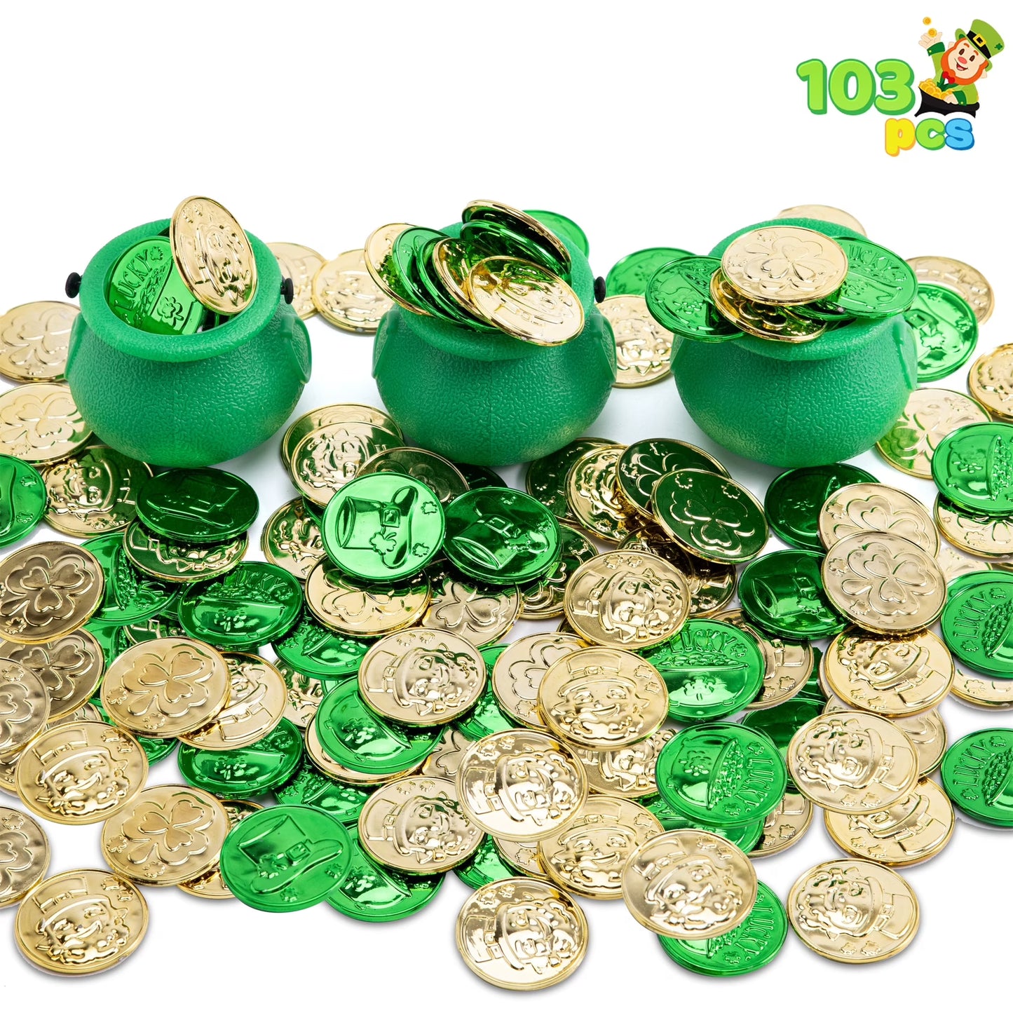 Joyfy 100 PCS St. Patrick Day Coins with 3 PCS Small Green Cauldrons, Shamrock Leprechaun Plastic Coins for Saint Patrick Day Decorations Party Favors