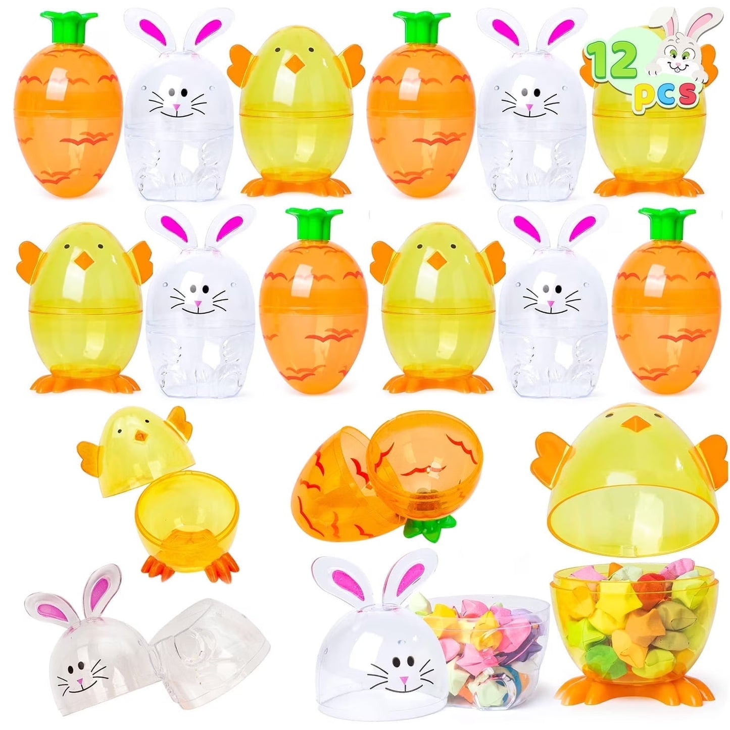 Joyfy 12 Pcs Easter Eggs Shell, Bunny Carrot Chick Pattern Empty Plastic Fillable Easter Eggs Treat Containers for Easter Egg Hunt, Basket Stuffers Filler, Classroom Prize Supplies, Party Favor
