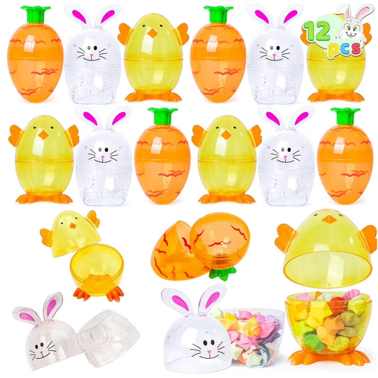 Joyfy 12 Pcs Easter Eggs Shell, Bunny Carrot Chick Pattern Empty Plastic Fillable Easter Eggs Treat Containers for Easter Egg Hunt, Basket Stuffers Filler, Classroom Prize Supplies, Party Favor