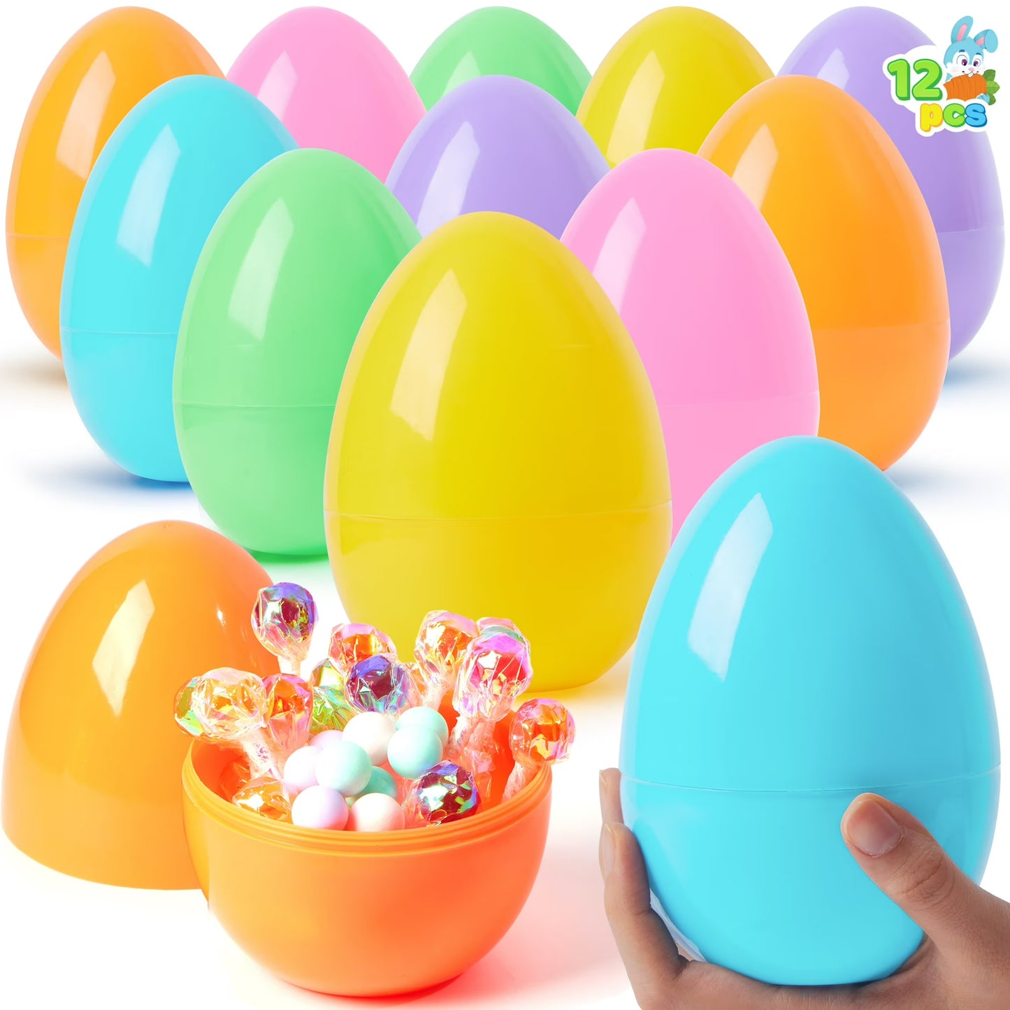 Joyfy 12 Pcs 6 Inches Large Easter Eggs, Pastel Jumbo Plastic Easter Eggs, Empty Fillable for Easter Egg Hunt, Basket Stuffers Fillers, Filling Treats, Party Favor, Classroom Prize Supplies