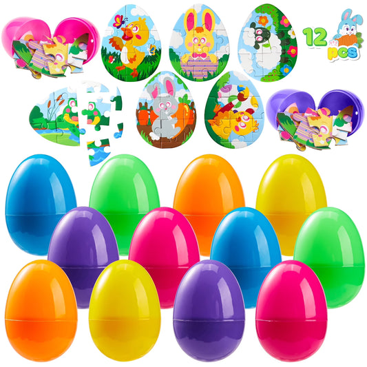 Joyfy 12 Pcs Easter Egg Jigsaw Puzzles Easter Eggs with Toys Inside for Kids Teens,Eggs Hunt,Basket Stuffers Fillers,School Classroom Activities